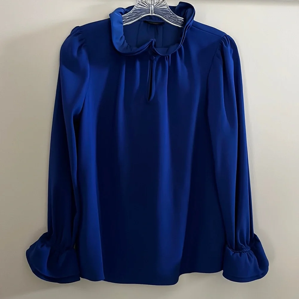 J Crew Ruffle Neck Top in 365 Crepe Electric Blue | XS